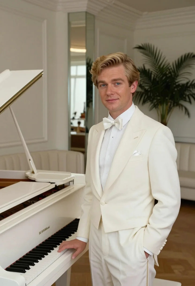 AI bryan ferry roxy white tuxedo sample — portrait of a man, a Danish man in his late twenties with fa