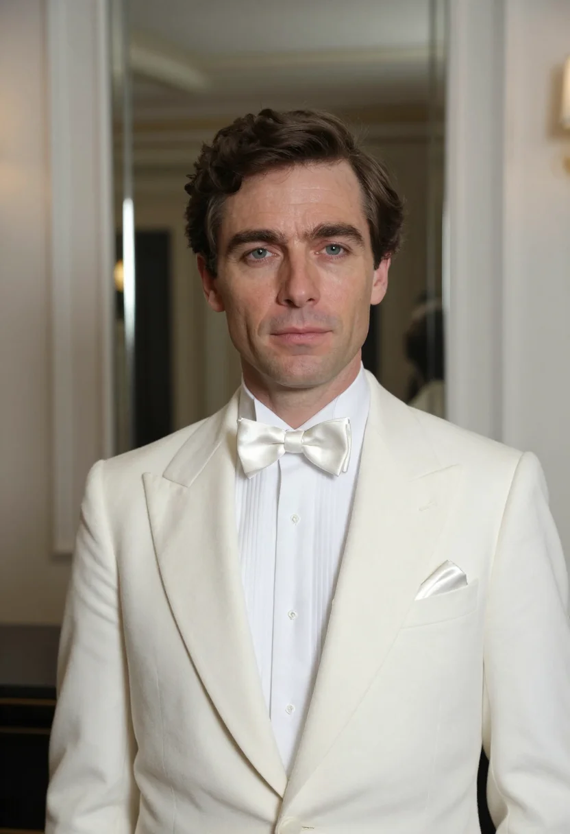 AI bryan ferry roxy white tuxedo sample — portrait of a man, an English man in his late thirties with