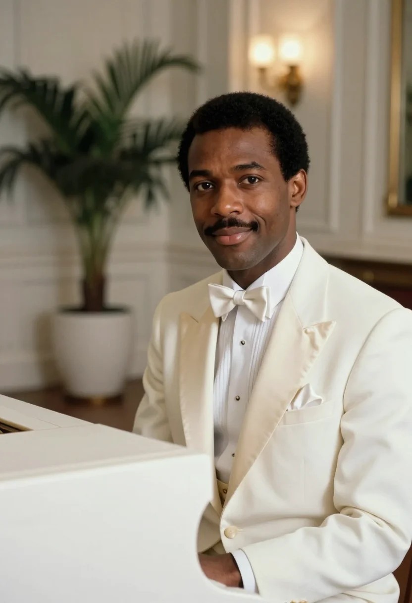 AI bryan ferry roxy white tuxedo sample — portrait of a man, a Black British man in his mid-thirties w