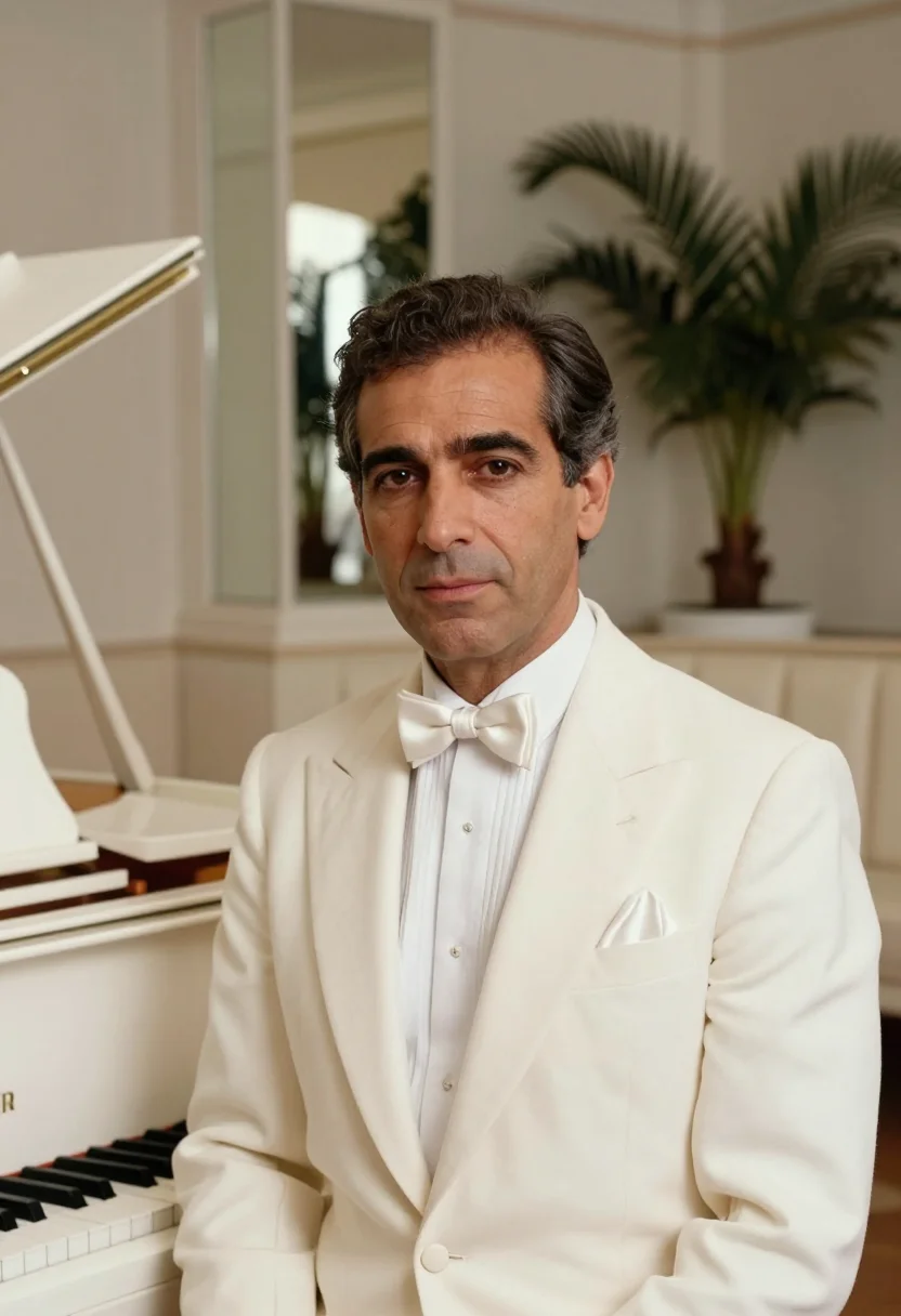 AI bryan ferry roxy white tuxedo sample — portrait of a man, a Spanish man in his mid-forties with war