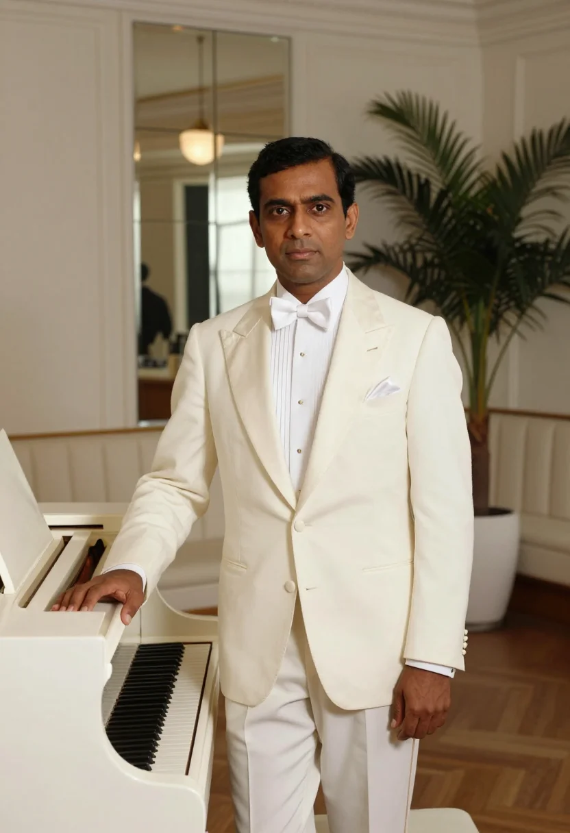 AI bryan ferry roxy white tuxedo sample — portrait of a man, a British-Indian man in his late thirties