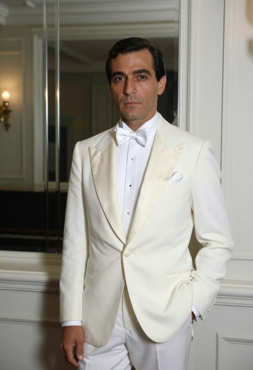 AI bryan ferry roxy white tuxedo sample — portrait of a man, an Italian man in his late thirties with