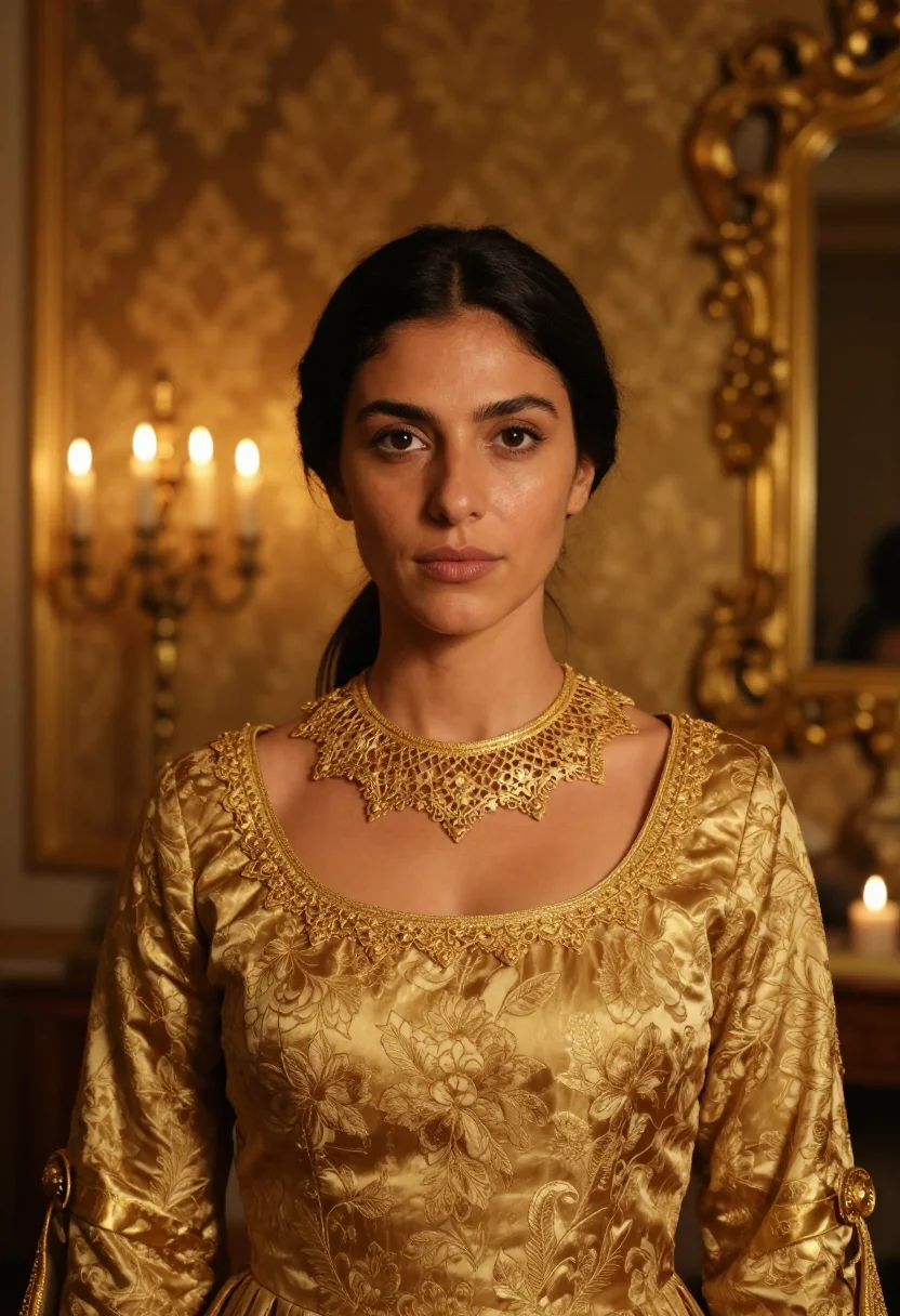 AI buccellati milan via brisa tulle gold sample — portrait of a woman, a Sicilian woman in her late twenties w