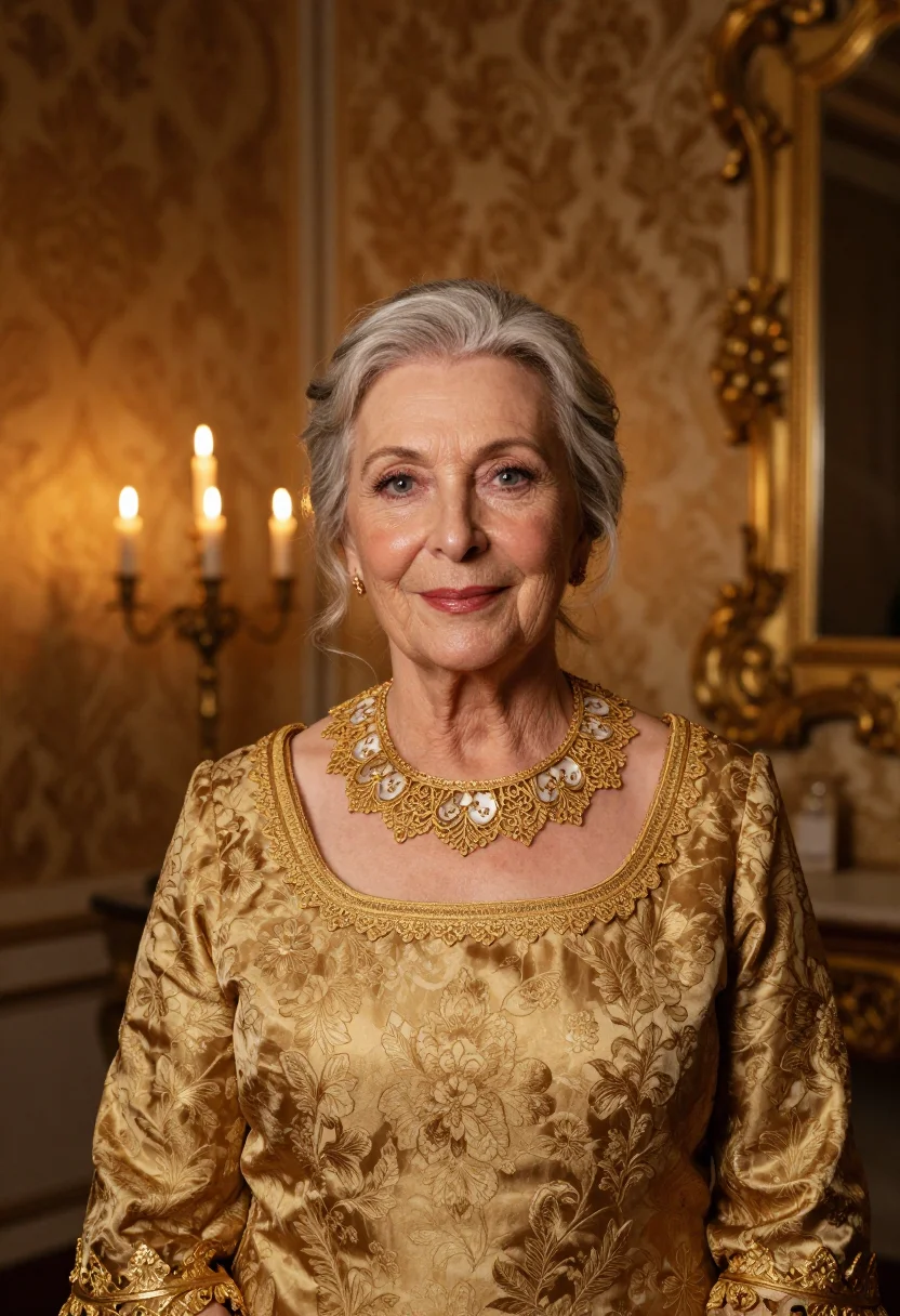 AI buccellati milan via brisa tulle gold sample — portrait of a woman, an Italian woman in her late fifties wi