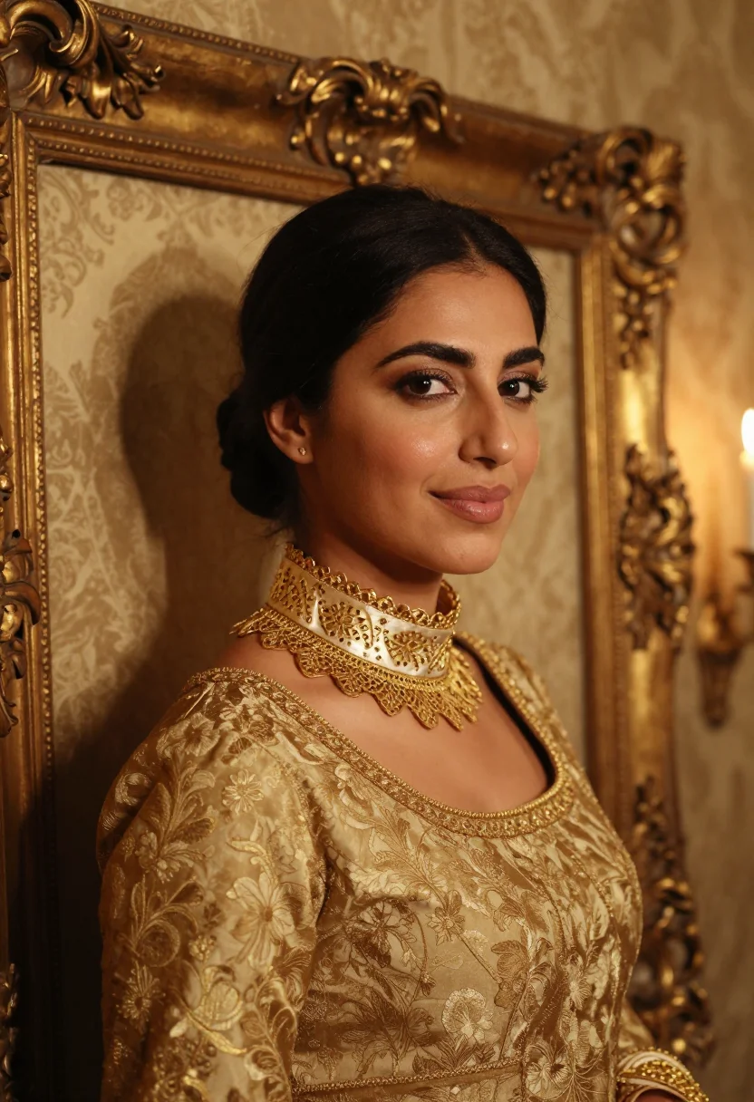 AI buccellati milan via brisa tulle gold sample — portrait of a woman, an Iranian woman in her early thirties