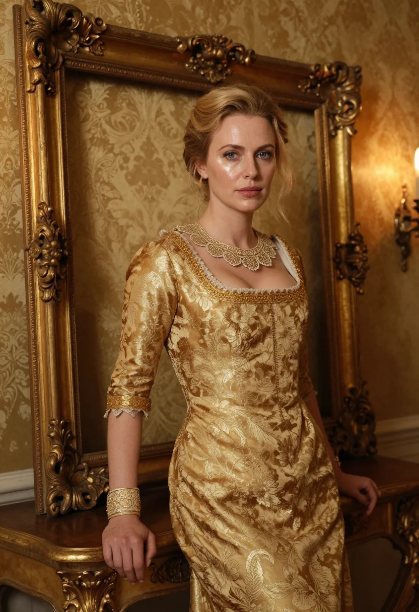 AI buccellati milan via brisa tulle gold sample — portrait of a woman, an Austrian woman in her late thirties