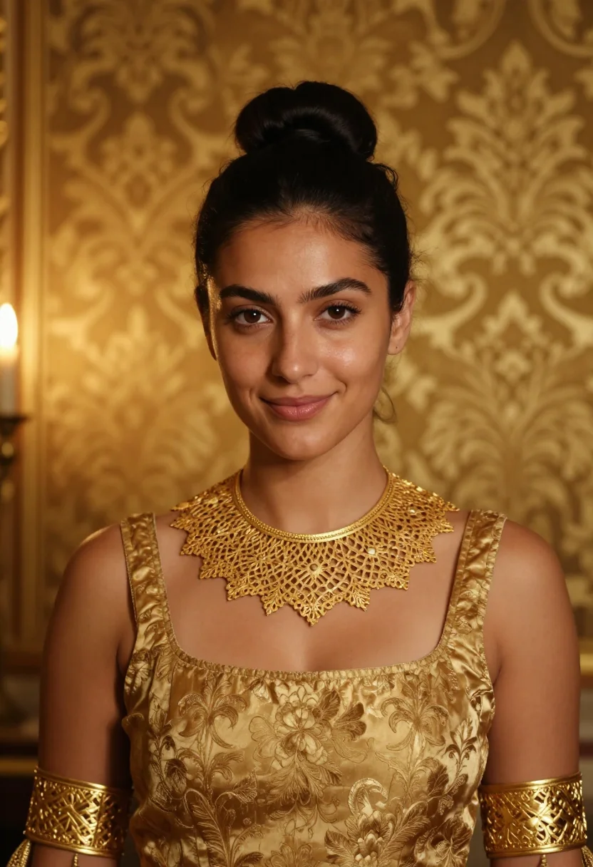 AI buccellati milan via brisa tulle gold sample — portrait of a woman, a Greek woman in her late twenties with