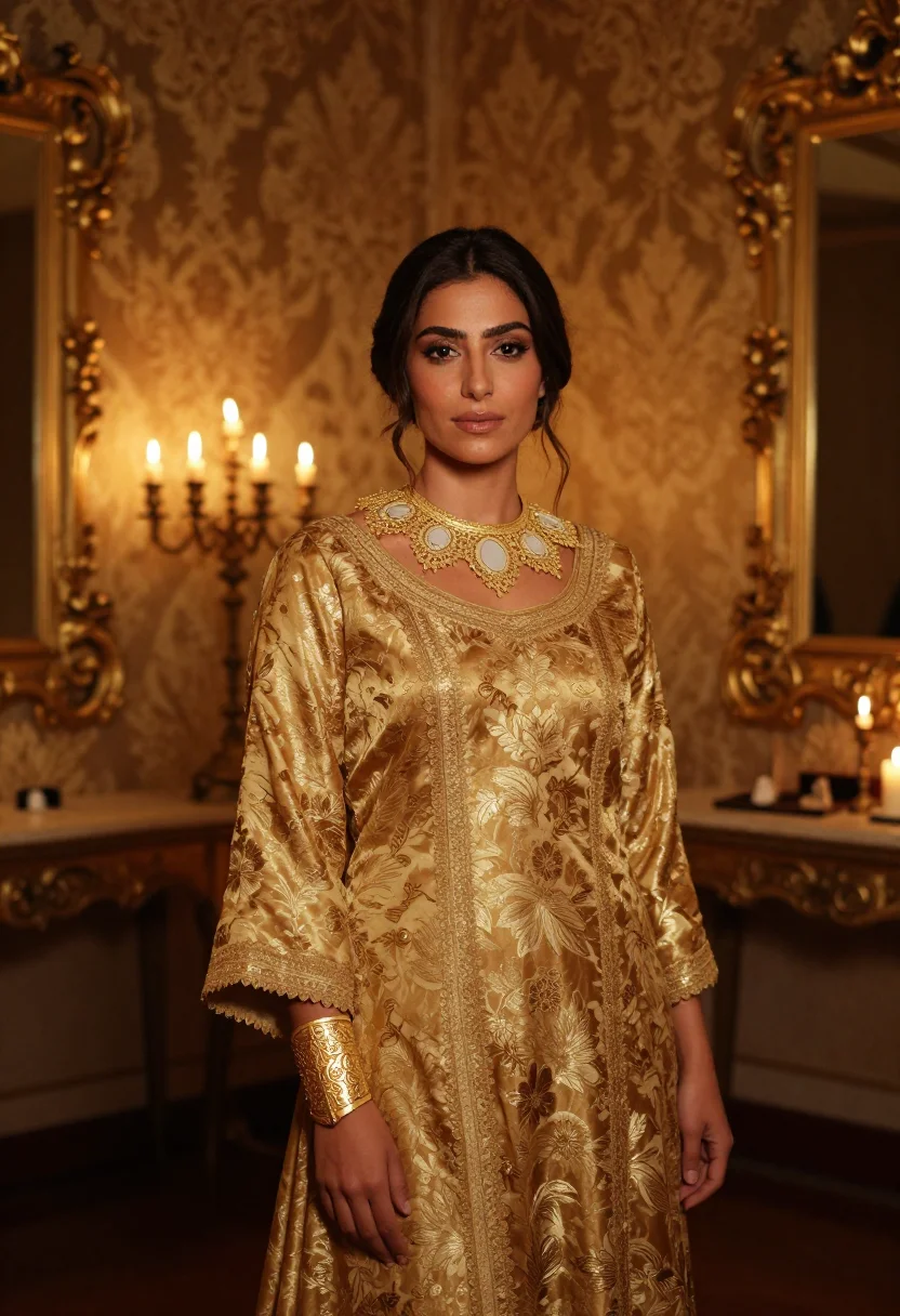 AI buccellati milan via brisa tulle gold sample — portrait of a woman, a Moroccan woman in her early thirties