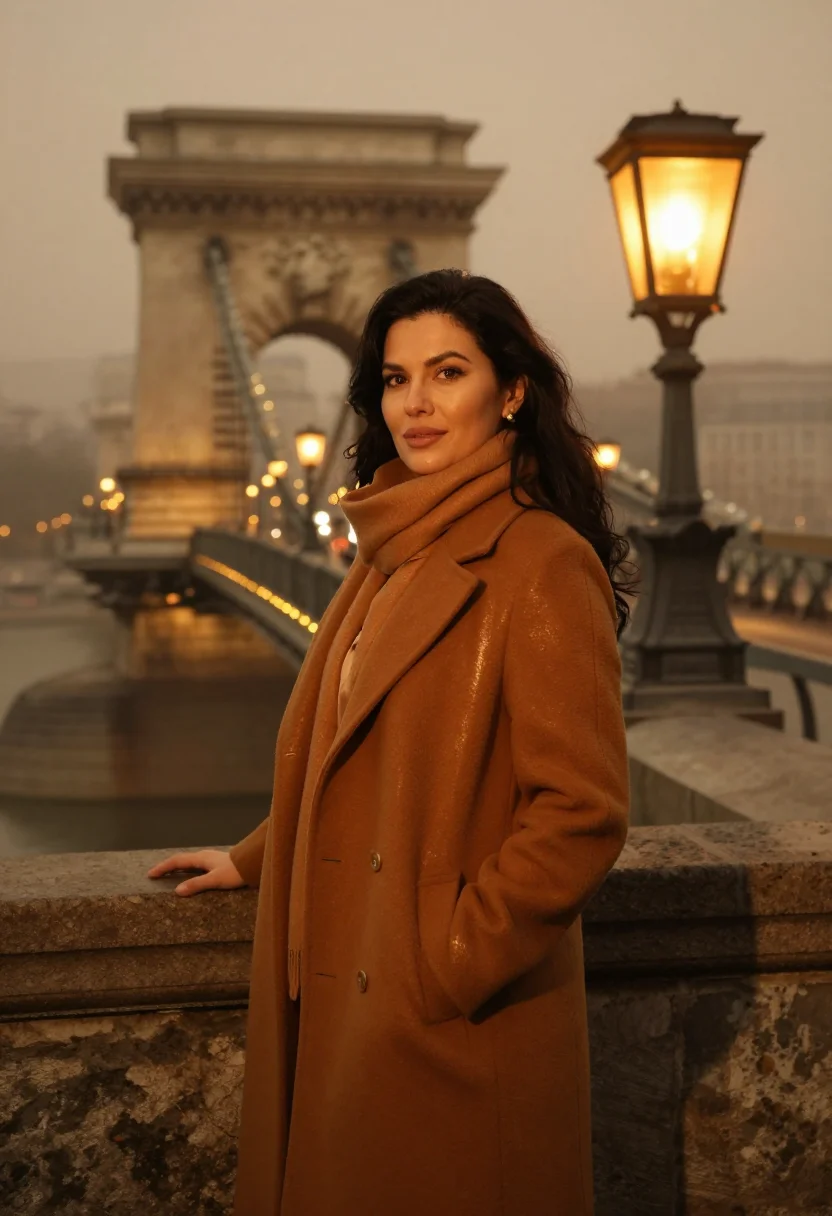 AI budapest chain bridge fog amber sample — portrait of a woman, framed half-length from the head to the