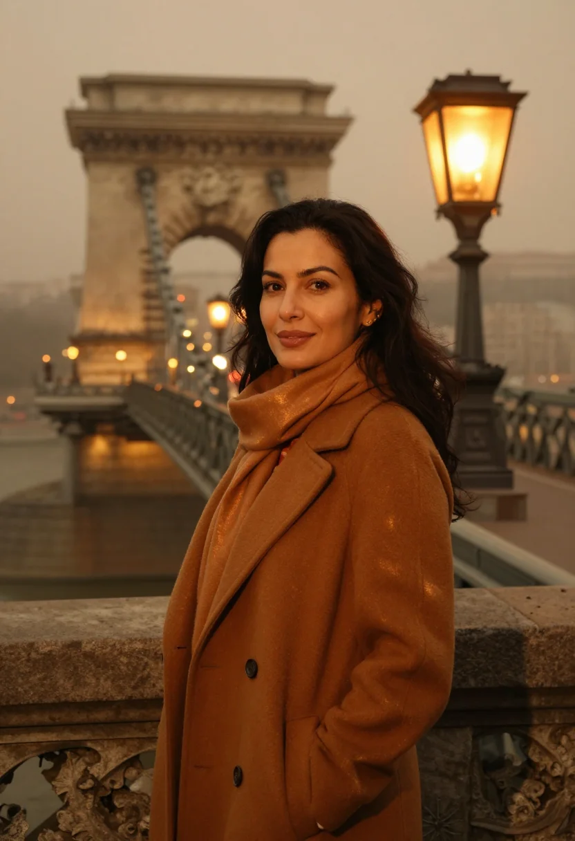 AI budapest chain bridge fog amber sample — portrait of a woman, framed tight, head and shoulders, the b
