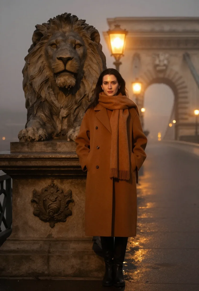 AI budapest chain bridge fog amber sample — portrait of a woman, framed full-length from the head to the