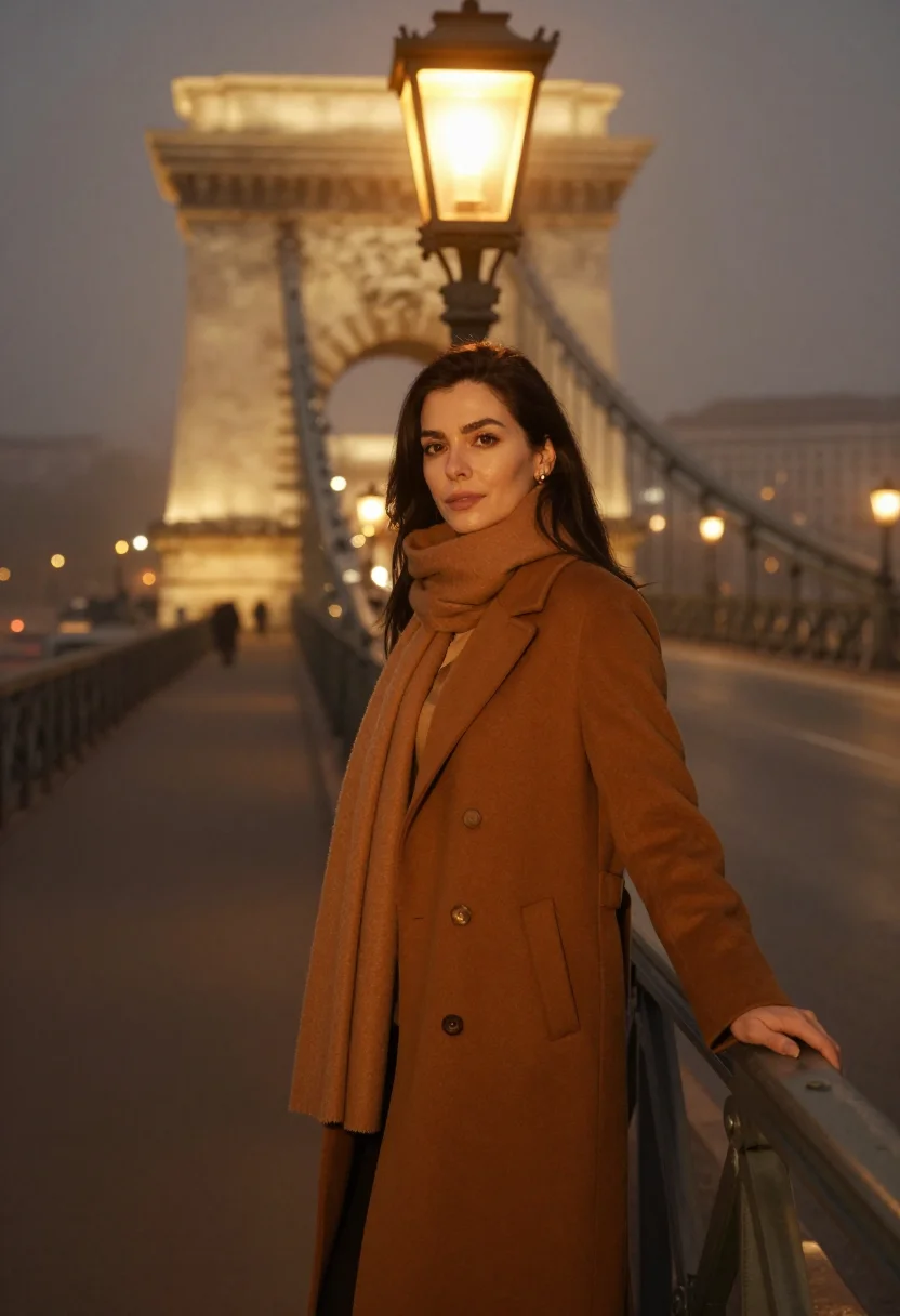 AI budapest chain bridge fog amber sample — portrait of a woman, framed three-quarter length from the he