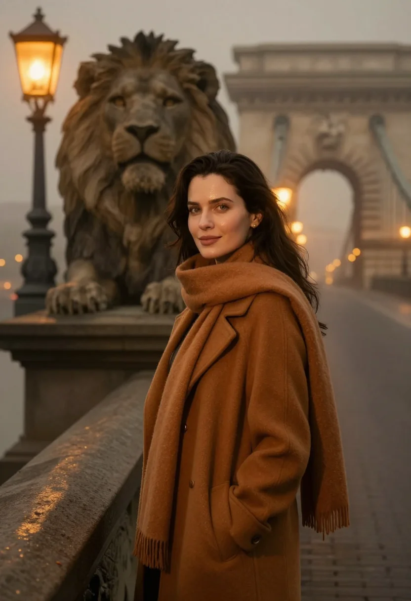 AI budapest chain bridge fog amber sample — portrait of a woman, framed tight, head and shoulders, the b