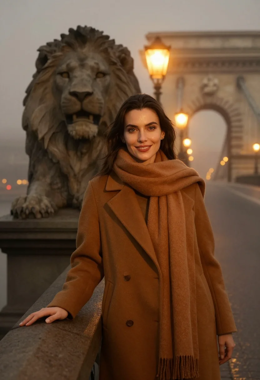 AI budapest chain bridge fog amber sample — portrait of a woman, framed chest-up, cropped at the ribs, t
