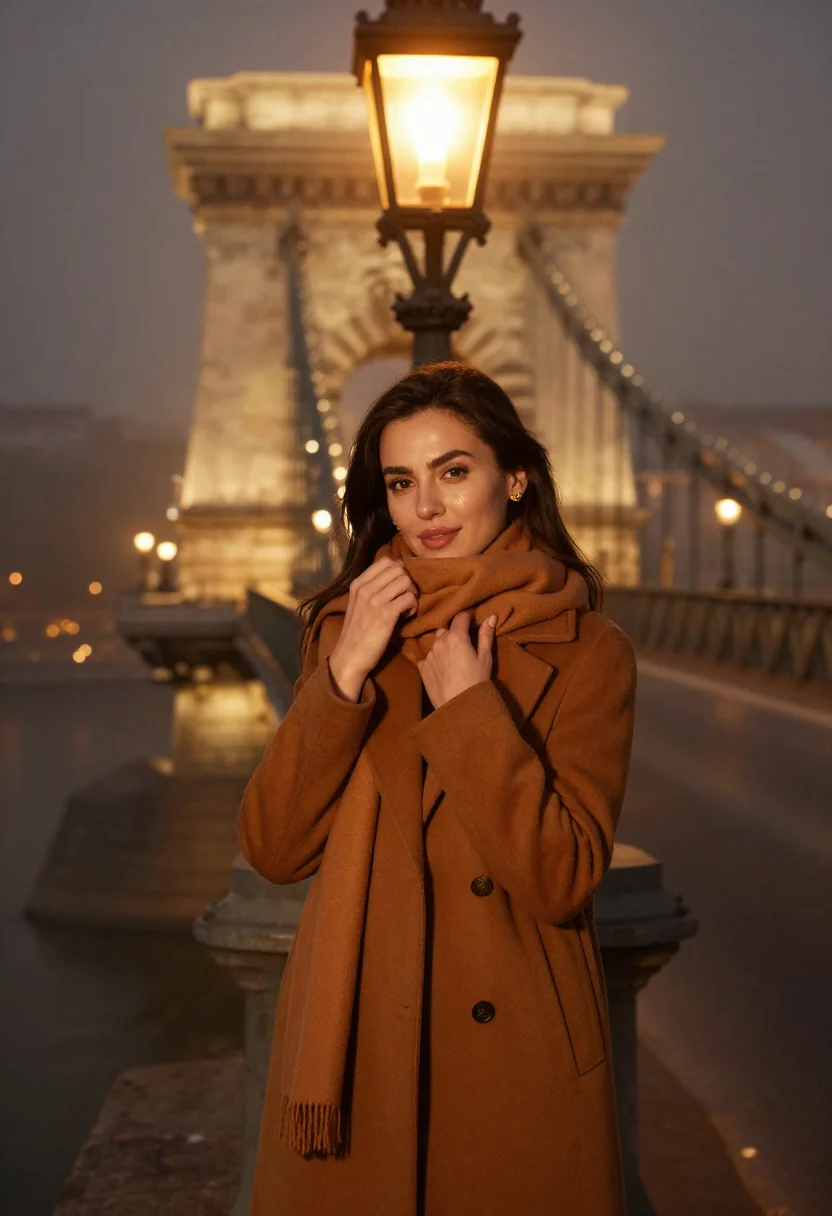 AI budapest chain bridge fog amber sample — portrait of a woman, framed chest-up, cropped at the ribs, t