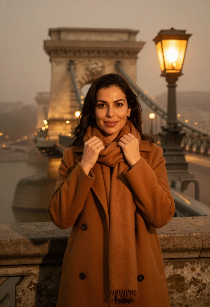 AI budapest chain bridge fog amber sample — portrait of a woman, framed chest-up, cropped at the ribs, t