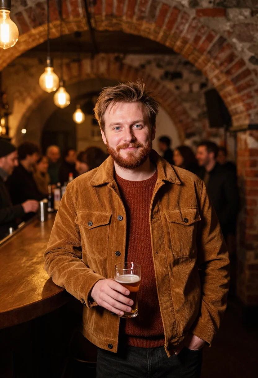 AI budapest ruin bar amber sample — portrait of a man, framed chest-up with the crop at the ribs