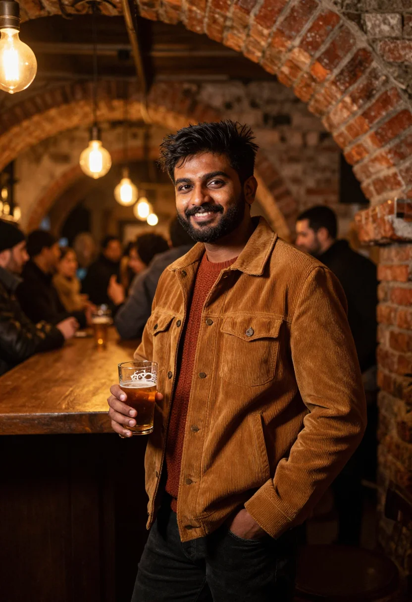 AI budapest ruin bar amber sample — portrait of a man, framed half-length from the head to the h