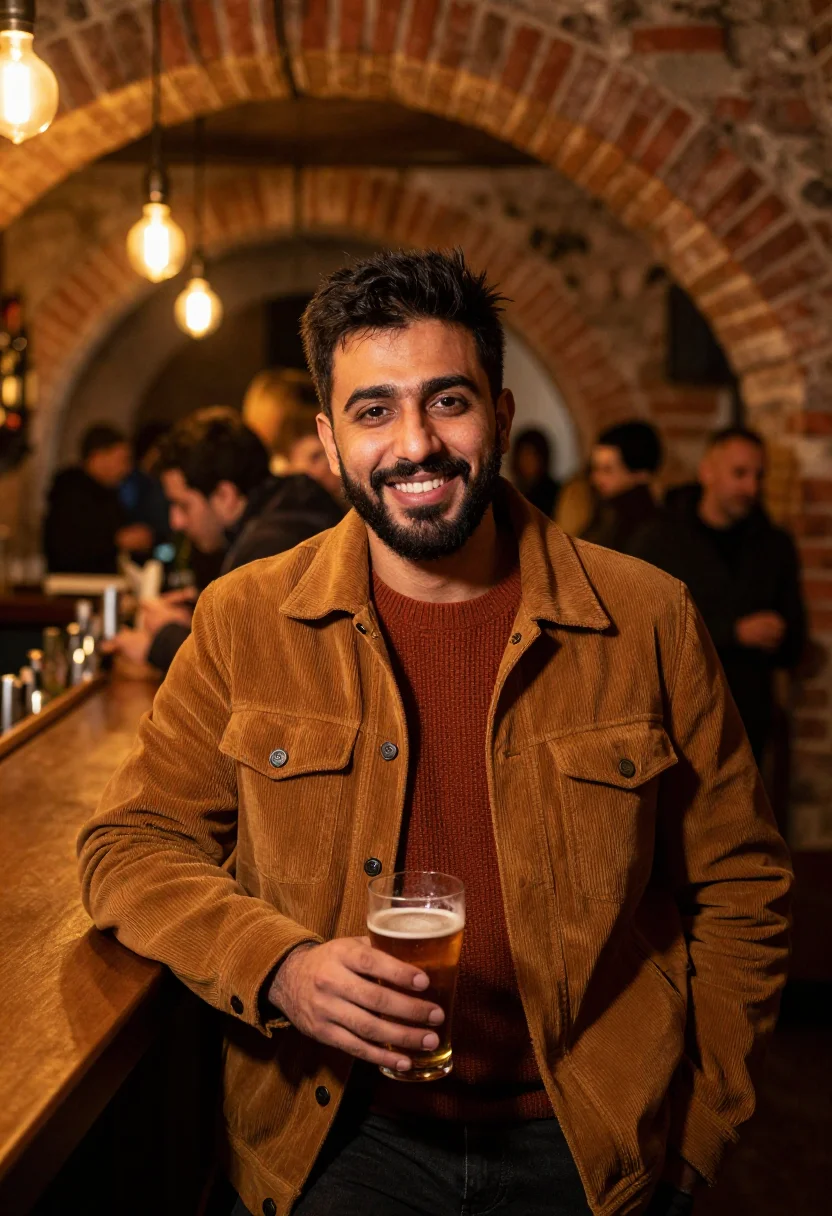 AI budapest ruin bar amber sample — portrait of a man, framed tight, head and shoulders, the bod