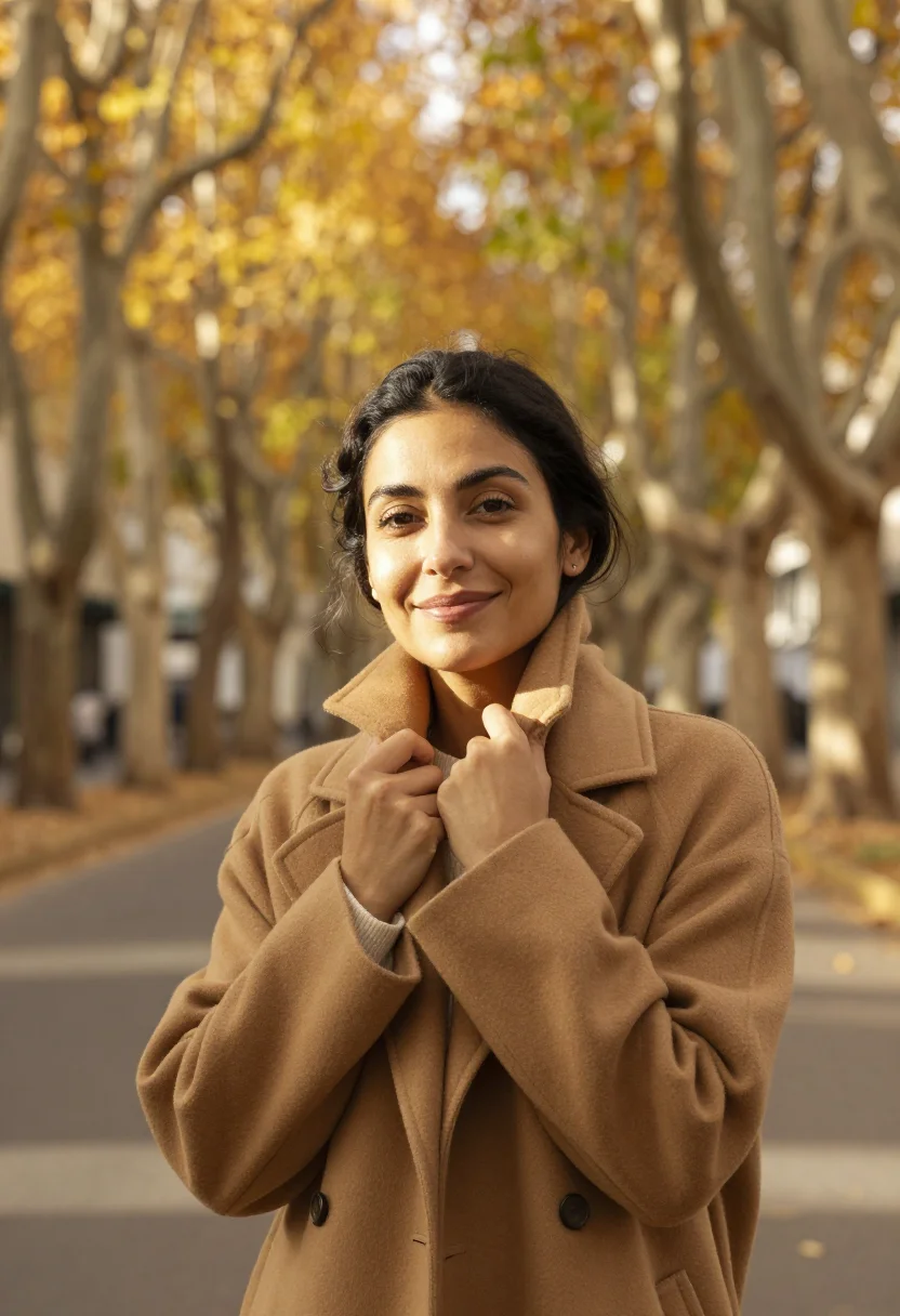 AI buenos aires autumn april plane gold sample — portrait of a woman, a Spanish traveller in her mid-thirties