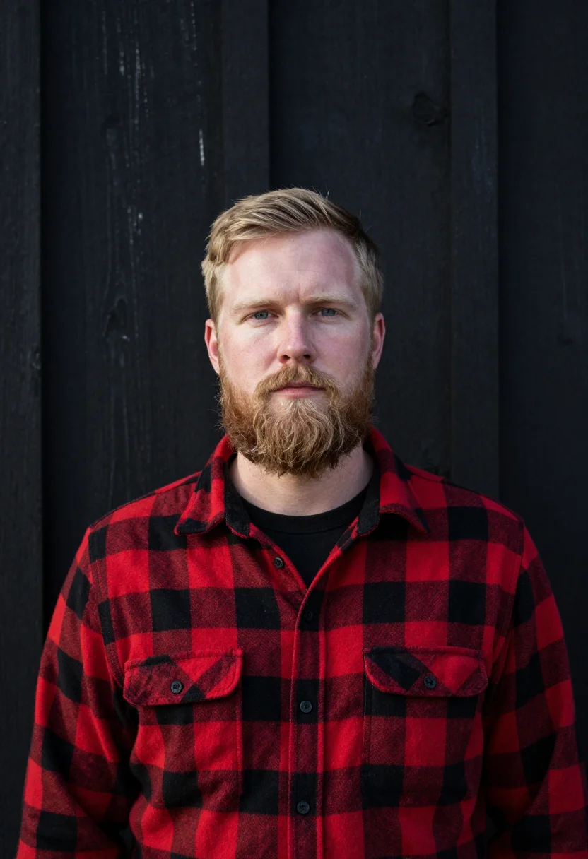 AI buffalo plaid red black sample — portrait of a man, framed tight, head and shoulders, the bod