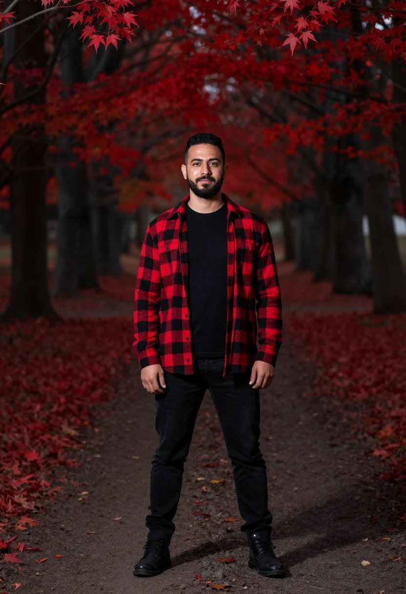 AI buffalo plaid red black sample — portrait of a man, framed chest-up from the ribs with the bo