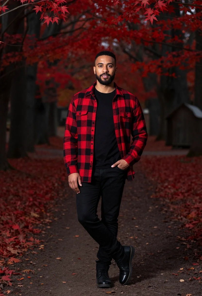 AI buffalo plaid red black sample — portrait of a man, framed full-length from the boots to just