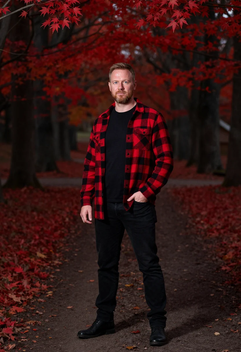 AI buffalo plaid red black sample — portrait of a man, framed half-length from the waist up, a m