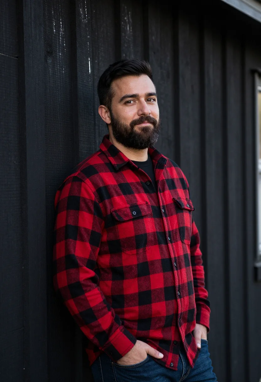 AI buffalo plaid red black sample — portrait of a man, framed half-length from the waist up, a m