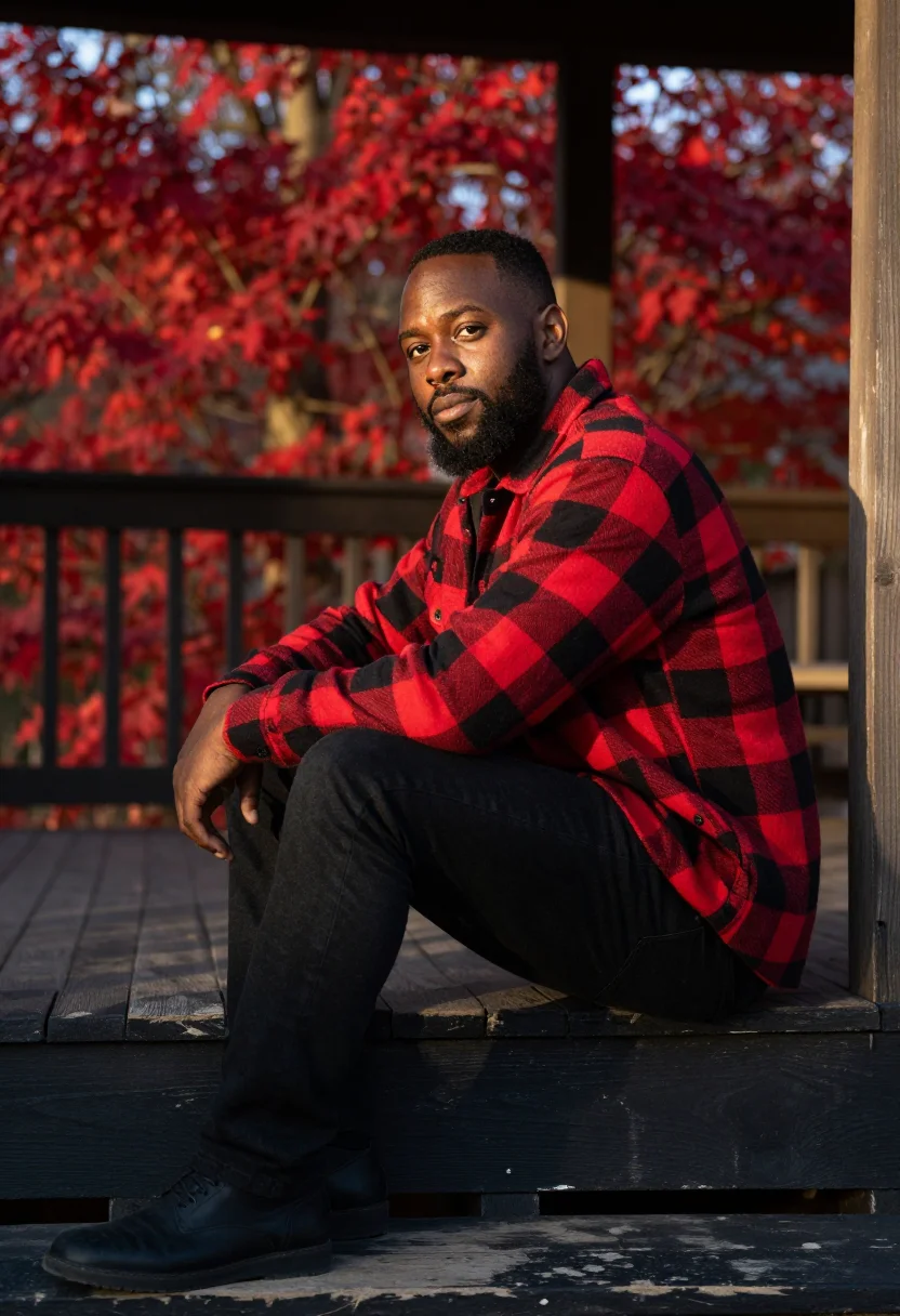 AI buffalo plaid red black sample — portrait of a man, framed three-quarter length from the knee