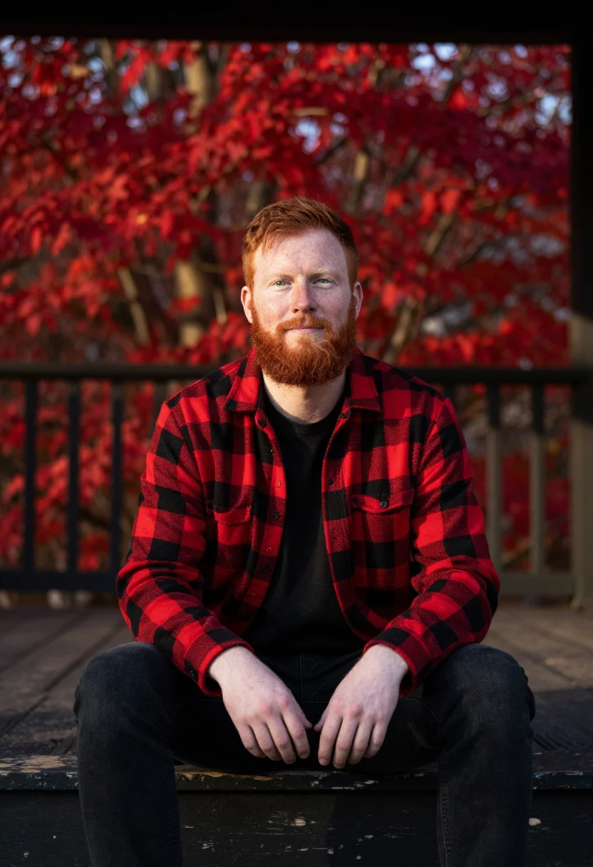 AI buffalo plaid red black sample — portrait of a man, framed chest-up from the ribs with the bo