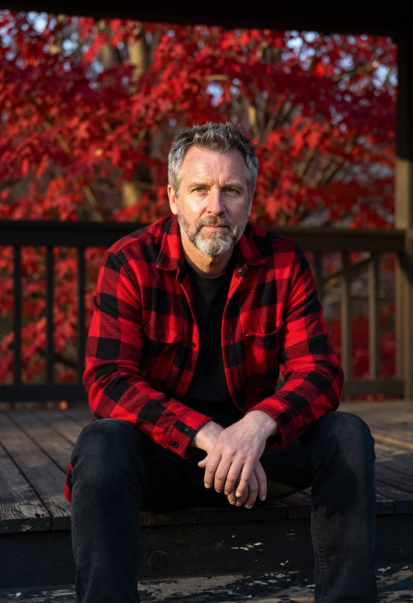 AI buffalo plaid red black sample — portrait of a man, framed half-length from the waist up, a m