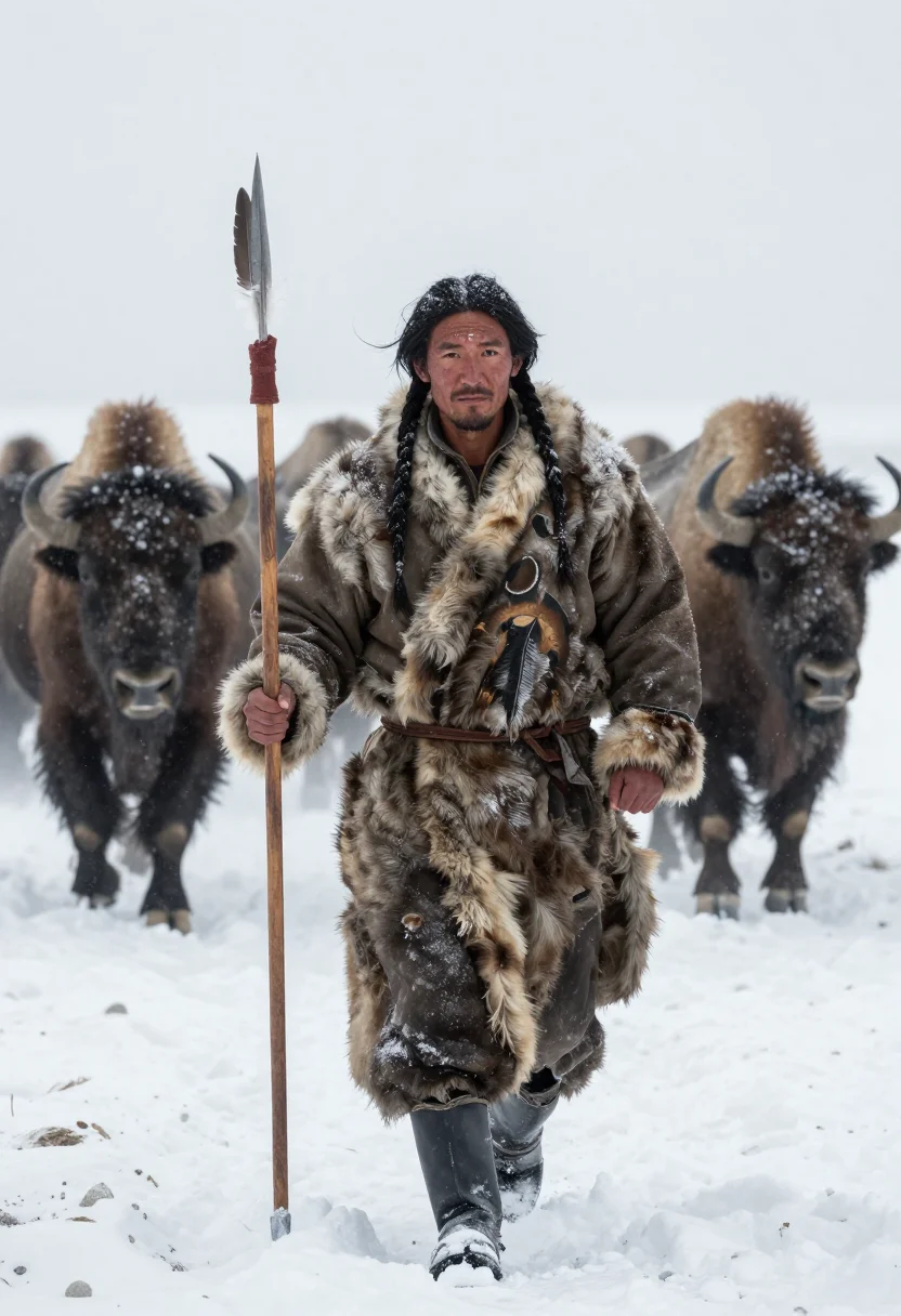 AI buffalo robe sample — portrait of a man, full-length portrait of a Northern Plains