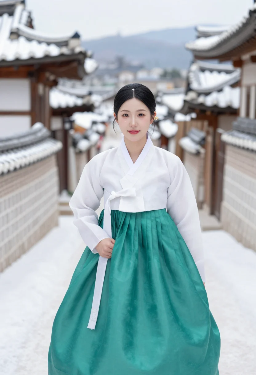AI bukchon hanok snow hanbok jade sample — portrait of a woman, framed chest-up to the ribs, the body c