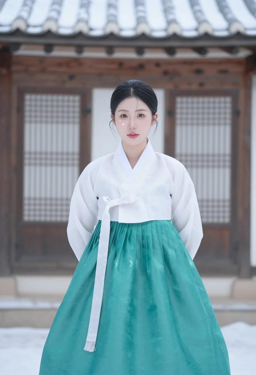 AI bukchon hanok snow hanbok jade sample — portrait of a woman, framed tight, head and shoulders, the b