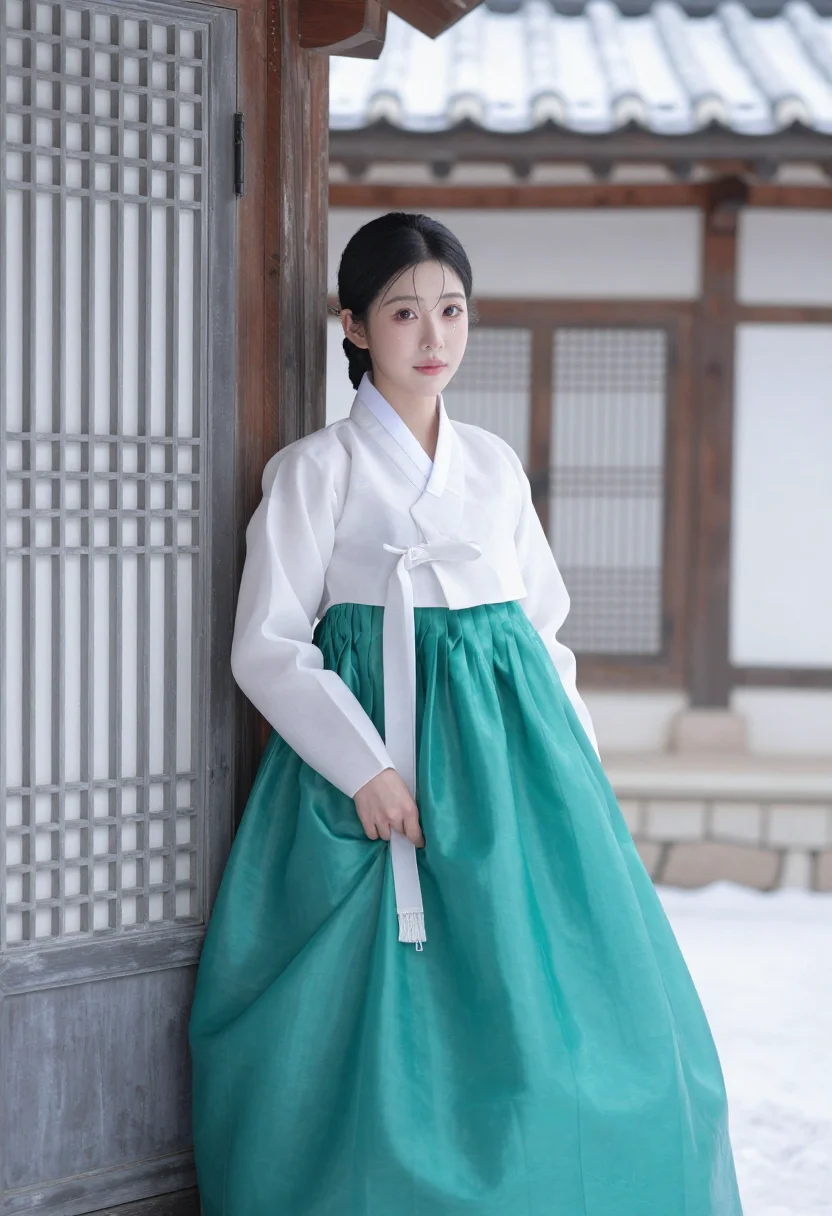 AI bukchon hanok snow hanbok jade sample — portrait of a woman, framed half-length from the head to the