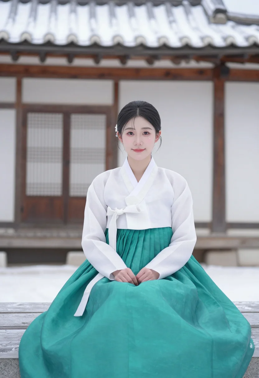AI bukchon hanok snow hanbok jade sample — portrait of a woman, framed chest-up to the ribs, the body c