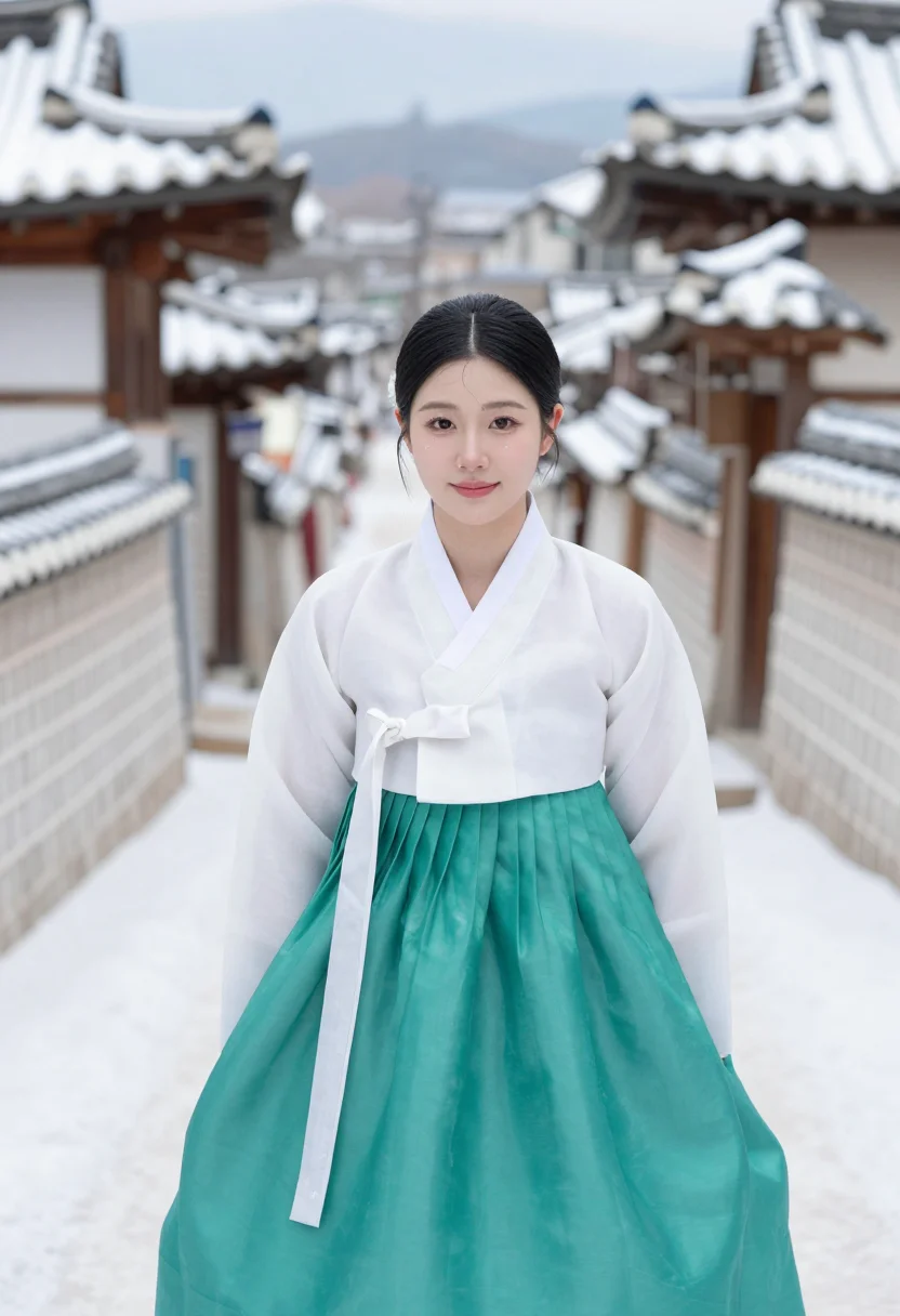 AI bukchon hanok snow hanbok jade sample — portrait of a woman, framed tight, head and shoulders, the b