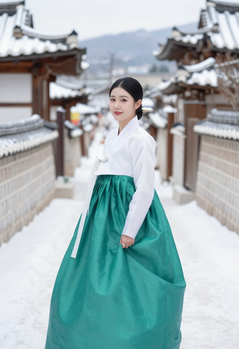 AI bukchon hanok snow hanbok jade sample — portrait of a woman, framed half-length from the head to the