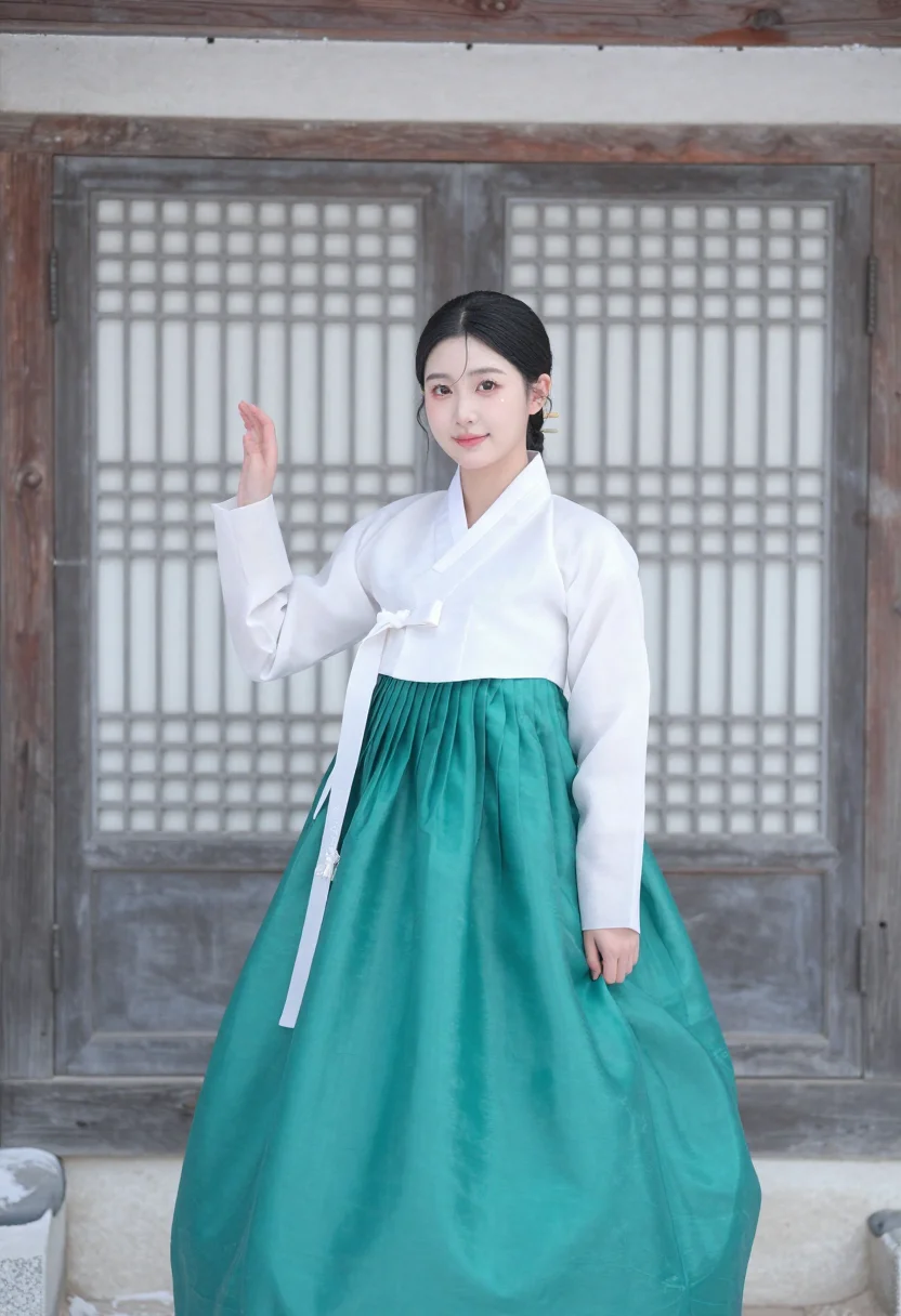 AI bukchon hanok snow hanbok jade sample — portrait of a woman, framed chest-up to the ribs, the body c