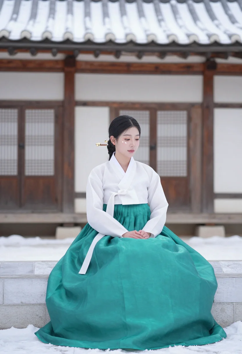 AI bukchon hanok snow hanbok jade sample — portrait of a woman, framed half-length from the head to the