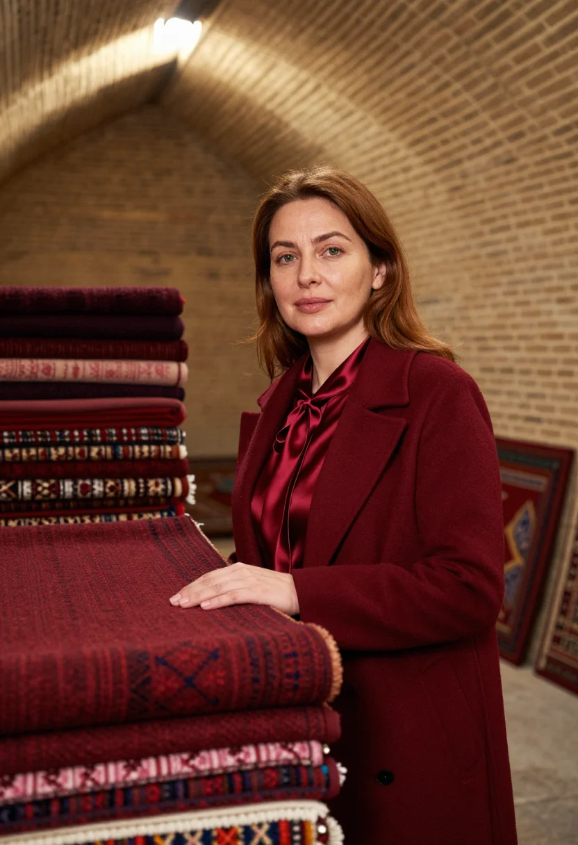 AI bukhara carpet director madder red sample — portrait of a woman, a Western European carpet house directo