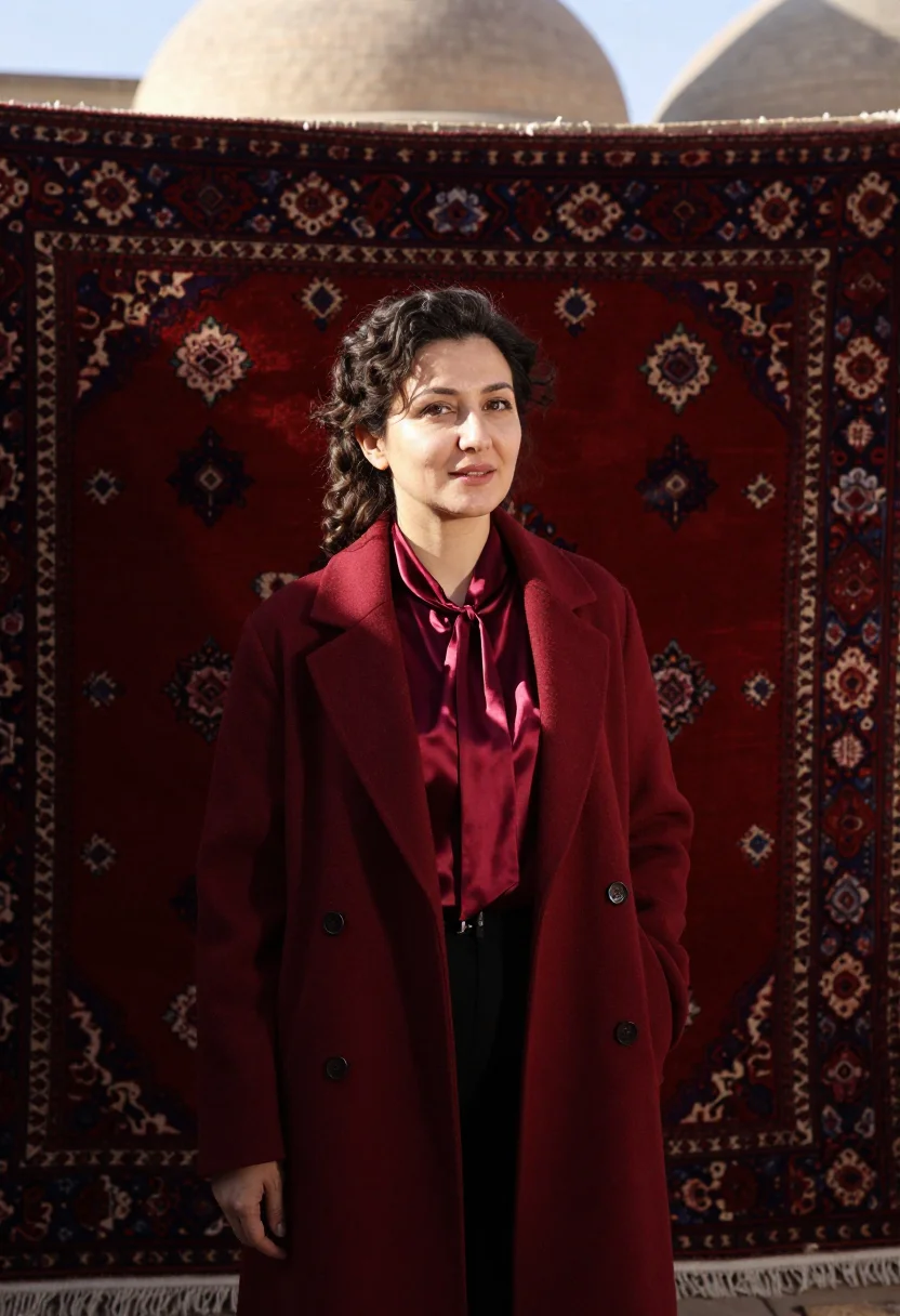AI bukhara carpet director madder red sample — portrait of a woman, a Bukharan Jewish carpet house director