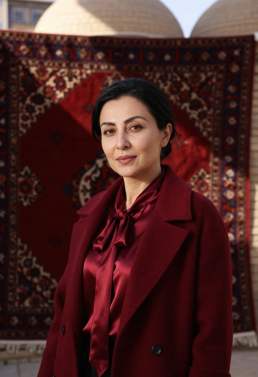 AI bukhara carpet director madder red sample — portrait of a woman, an Uzbek carpet house director in her m