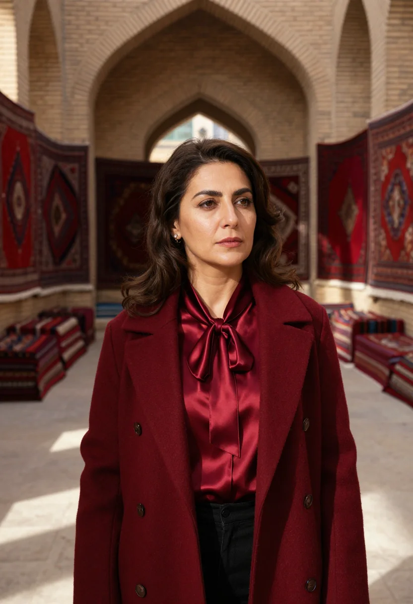 AI bukhara carpet director madder red sample — portrait of a woman, an Iranian carpet house director in her