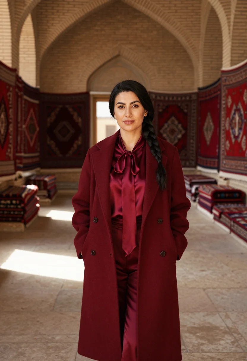 AI bukhara carpet director madder red sample — portrait of a woman, an Uzbek carpet house director in her e