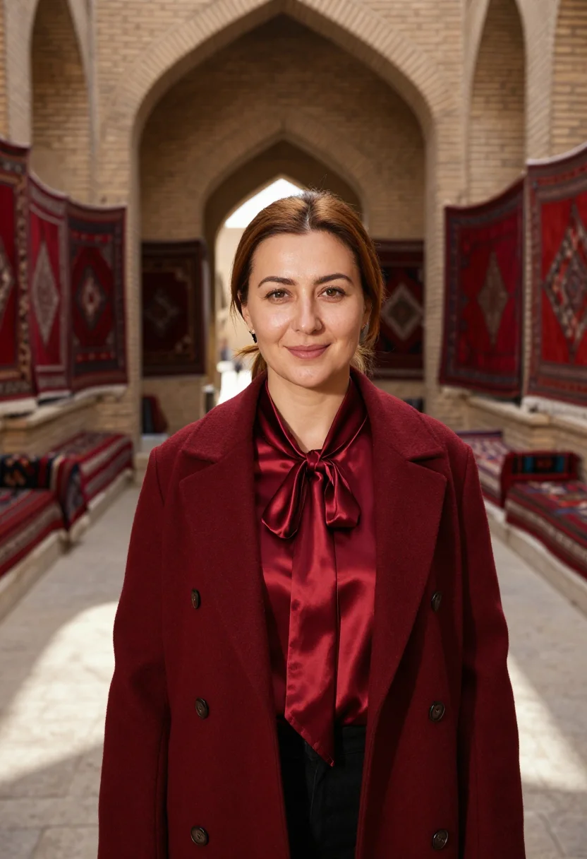 AI bukhara carpet director madder red sample — portrait of a woman, a Tatar carpet house director in her mi