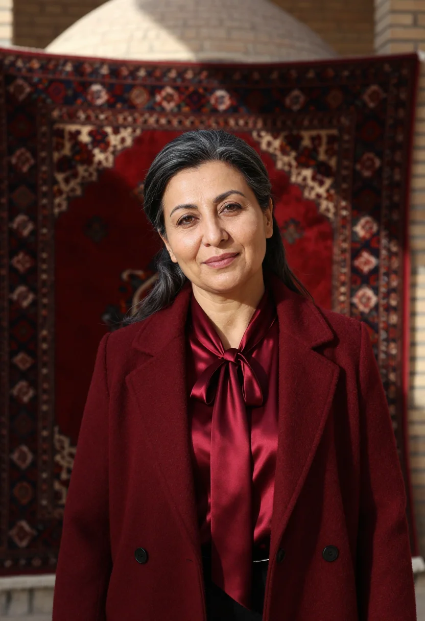 AI bukhara carpet director madder red sample — portrait of a woman, a Tajik carpet house director in her ea