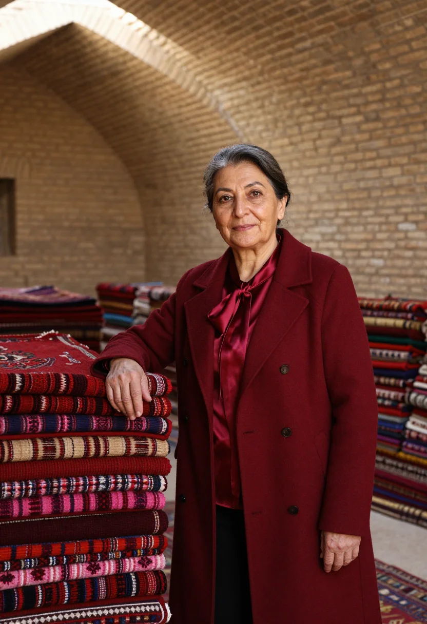AI bukhara carpet director madder red sample — portrait of a woman, an Uzbek carpet house director in her l