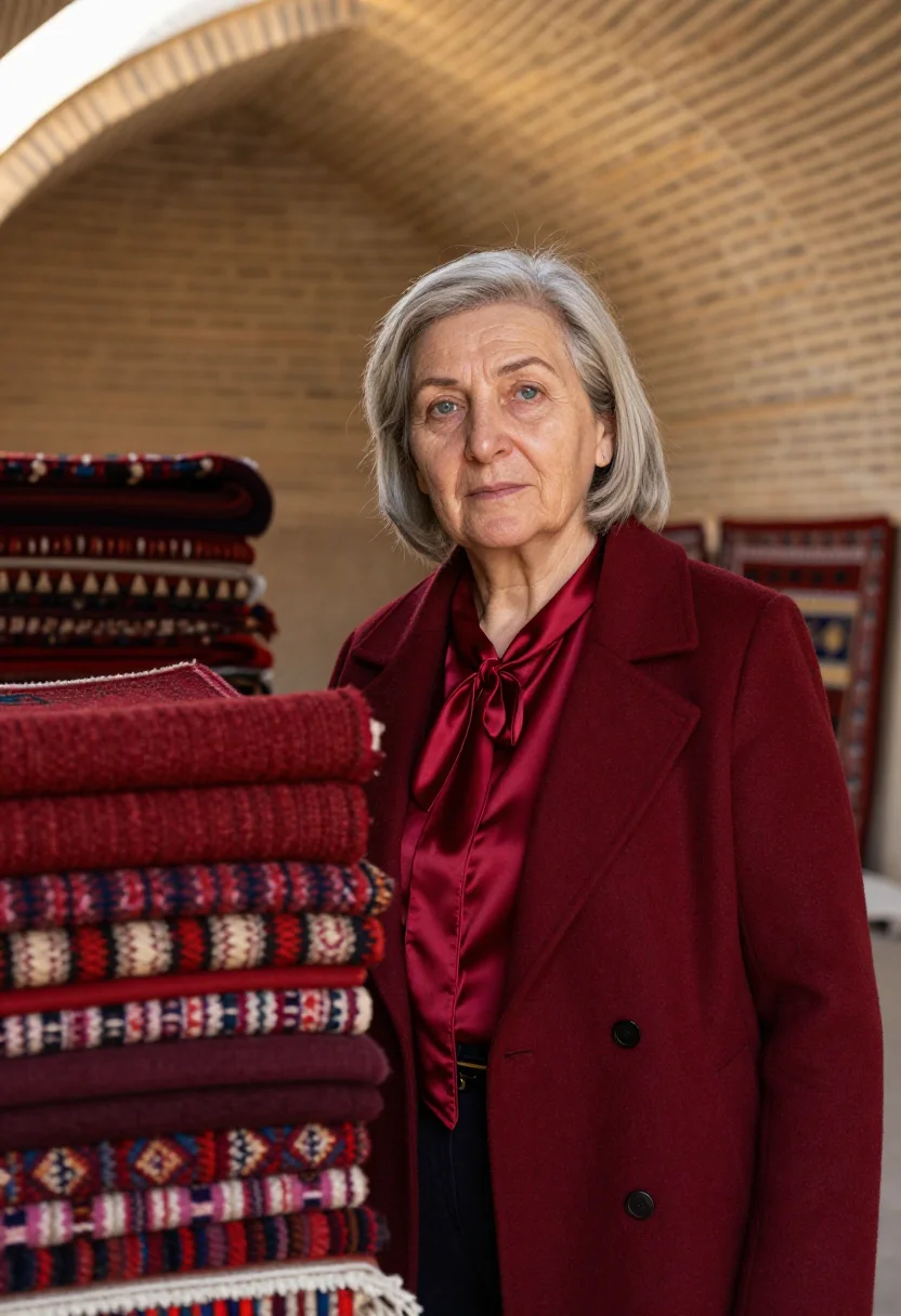 AI bukhara carpet director madder red sample — portrait of a woman, a Russian carpet house director in her